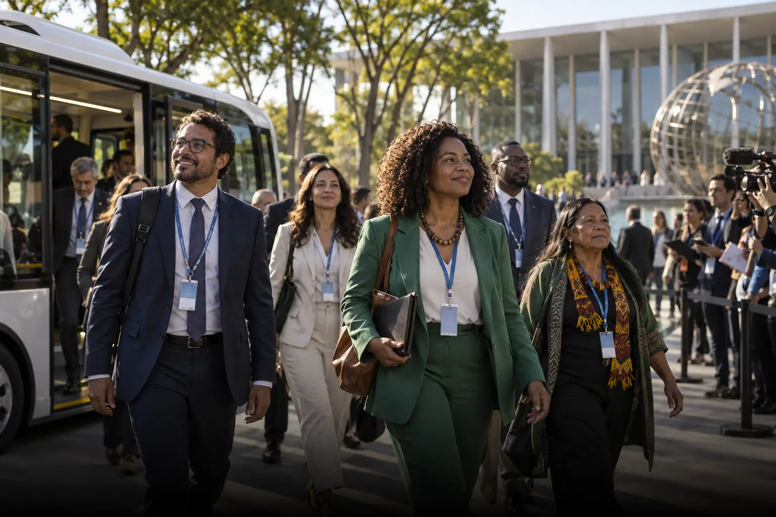 Delegação brasileira chega a um fórum internacional cercado por áreas verdes.