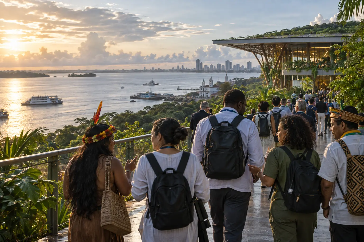 Delegados e representantes amazônicos caminham por um espaço de conferência às margens da baía de Belém.
