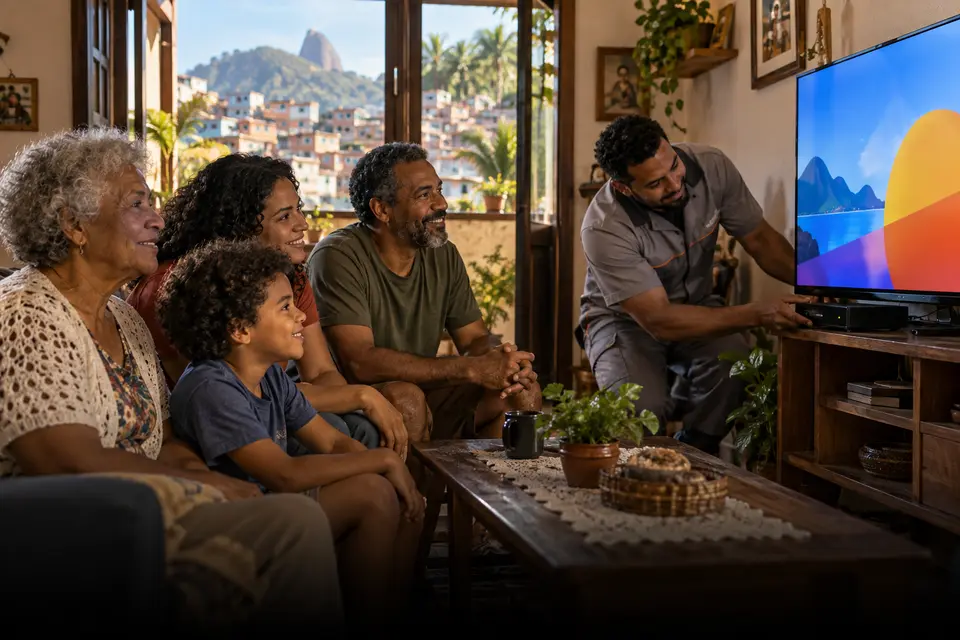 Família acompanha a instalação de um receptor de televisão digital.