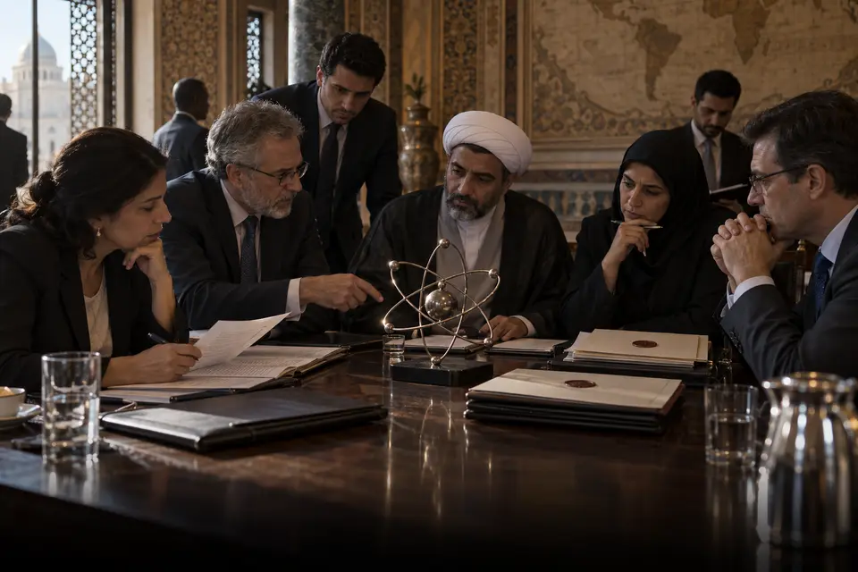 Negociadores analisam um modelo atômico durante uma reunião diplomática reservada.