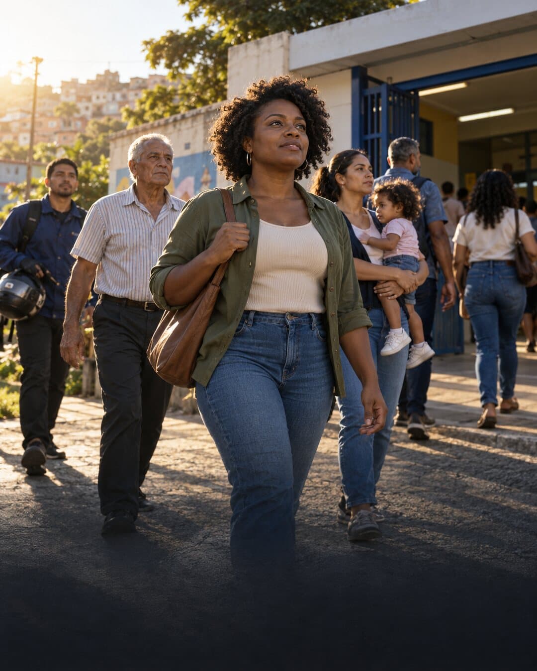 Eleitores brasileiros caminham para um local de votação ao amanhecer