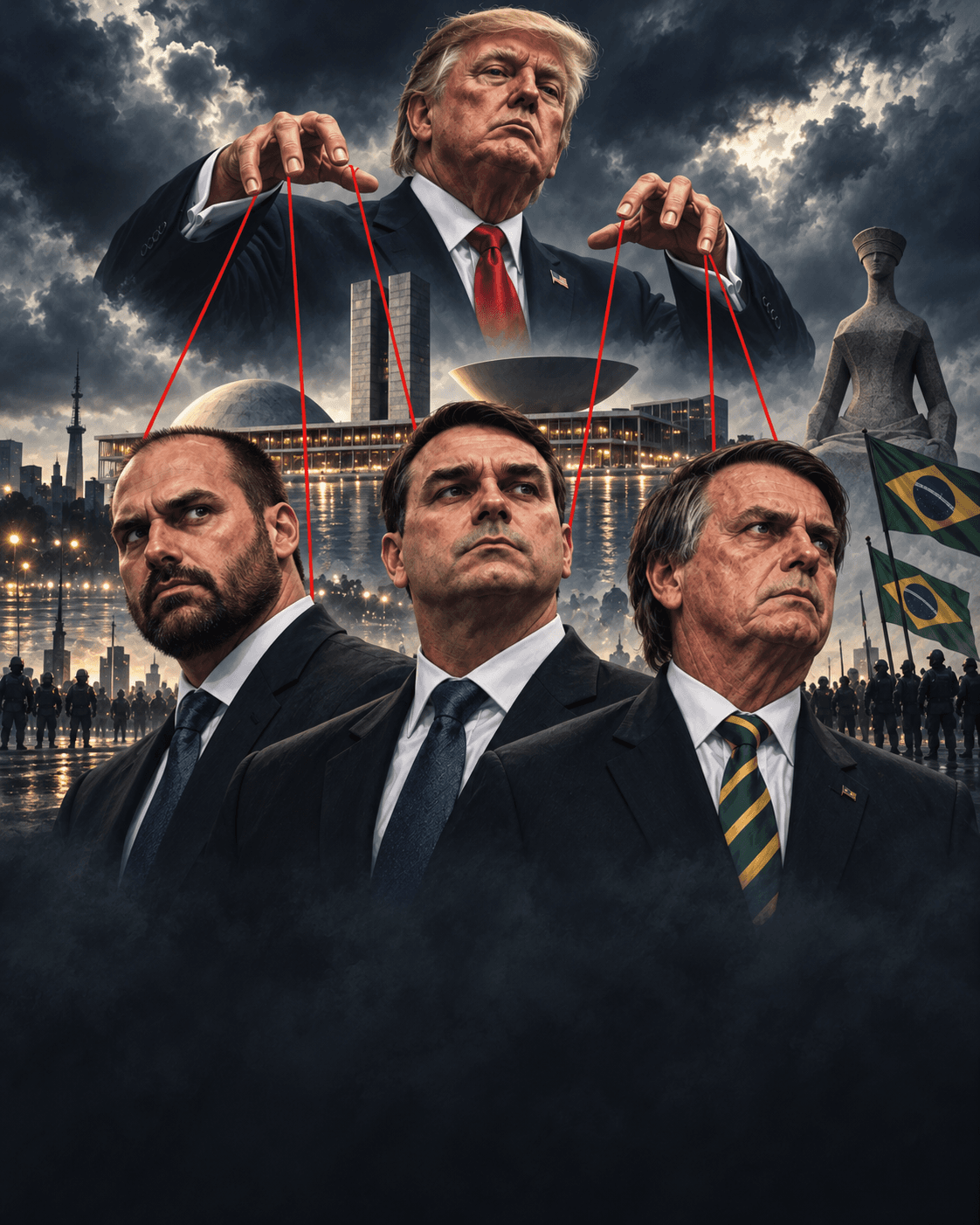 Montagem editorial gerada por IA com Trump acima de Eduardo, Flávio e Jair Bolsonaro, como marionetes sobre Brasília.