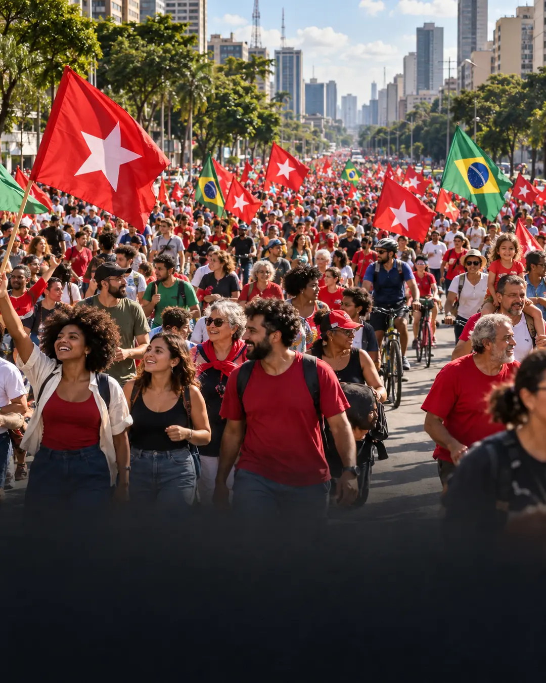 Mobilização popular em avenida brasileira com bandeiras vermelhas e bandeiras do Brasil