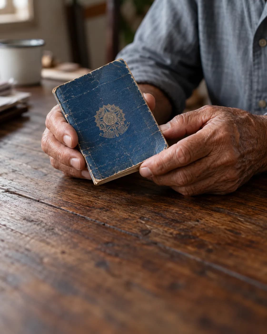 mãos de um homem idoso segurando uma carteira de trabalho antiga, sobre uma mesa de madeira.