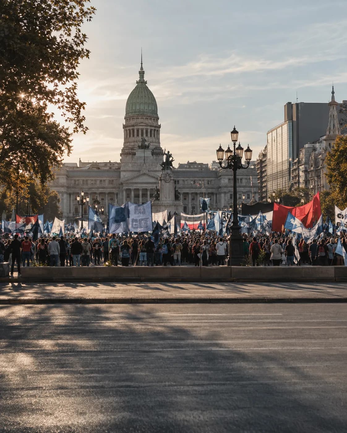 ato de rua em Buenos Aires com faixas de sindicatos, fotografado de longe, sem rostos identificáveis.