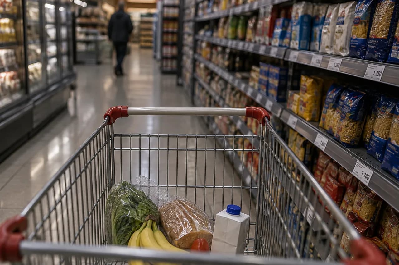 carrinho de supermercado quase vazio em um corredor com etiquetas de preço em pesos.