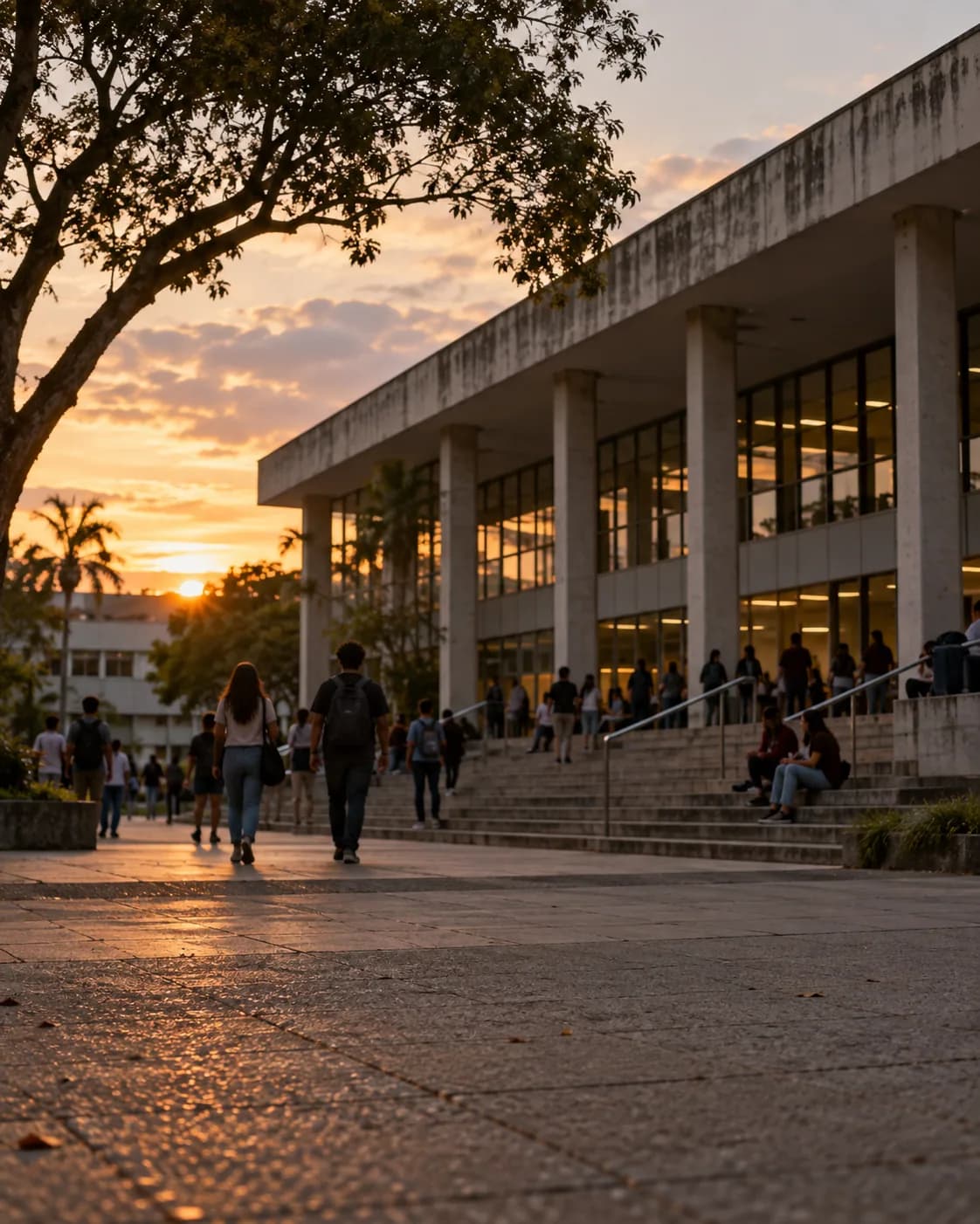 fachada de uma universidade federal brasileira ao entardecer, com estudantes ao fundo, sem rostos identificáveis.