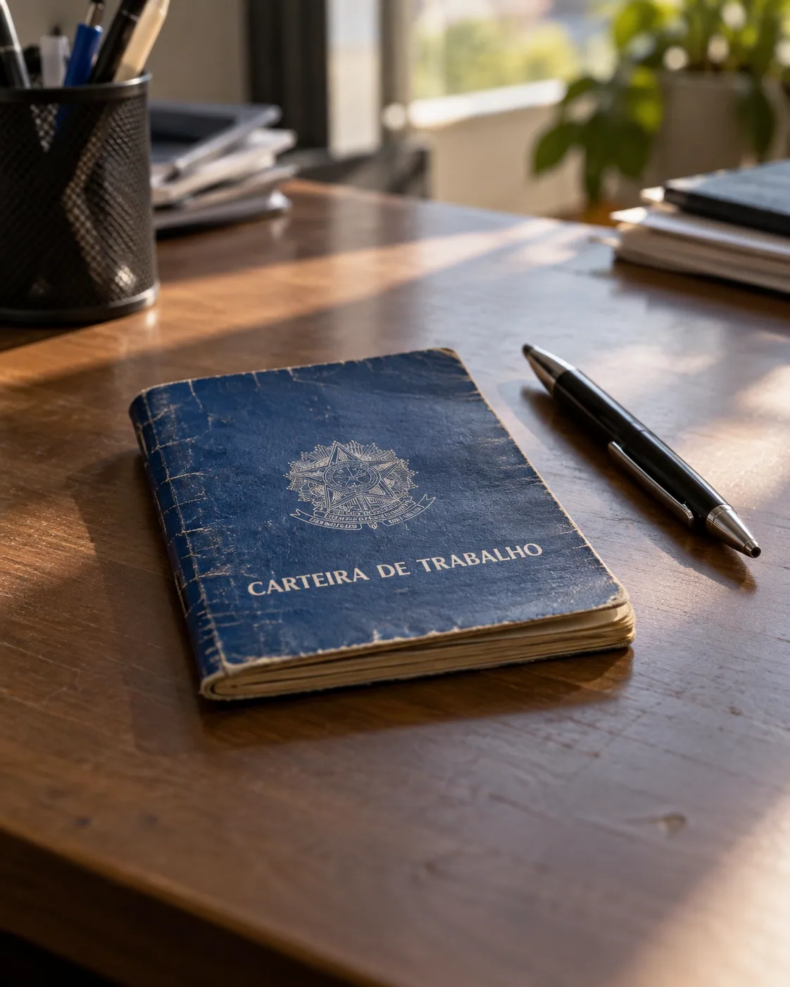 carteira de trabalho antiga e uma caneta sobre uma mesa de escritório, luz de janela.