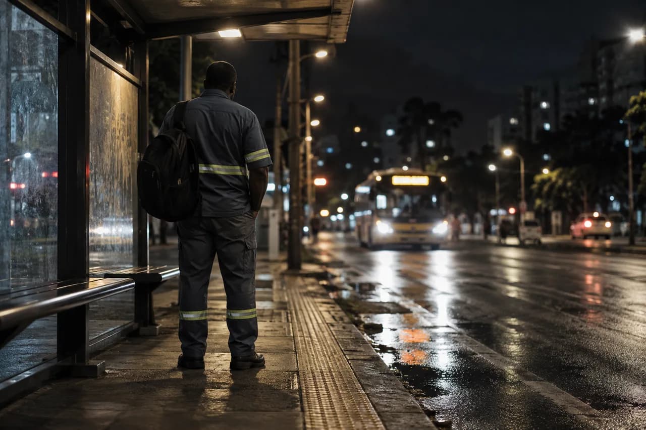 trabalhador de uniforme em ponto de ônibus de madrugada, fotografado de costas.