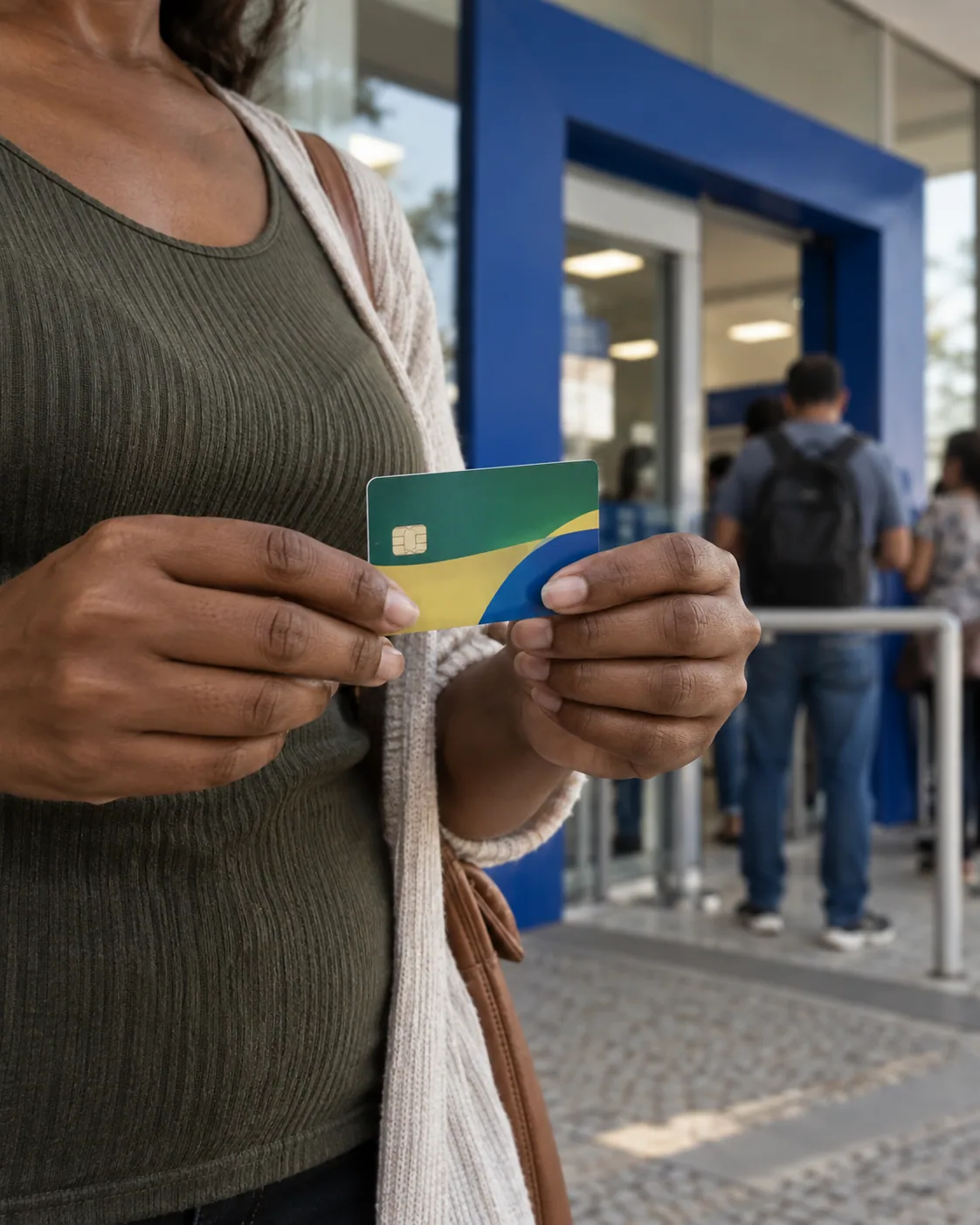 mãos de uma mulher segurando um cartão do programa social diante de uma agência bancária, rosto fora de quadro.