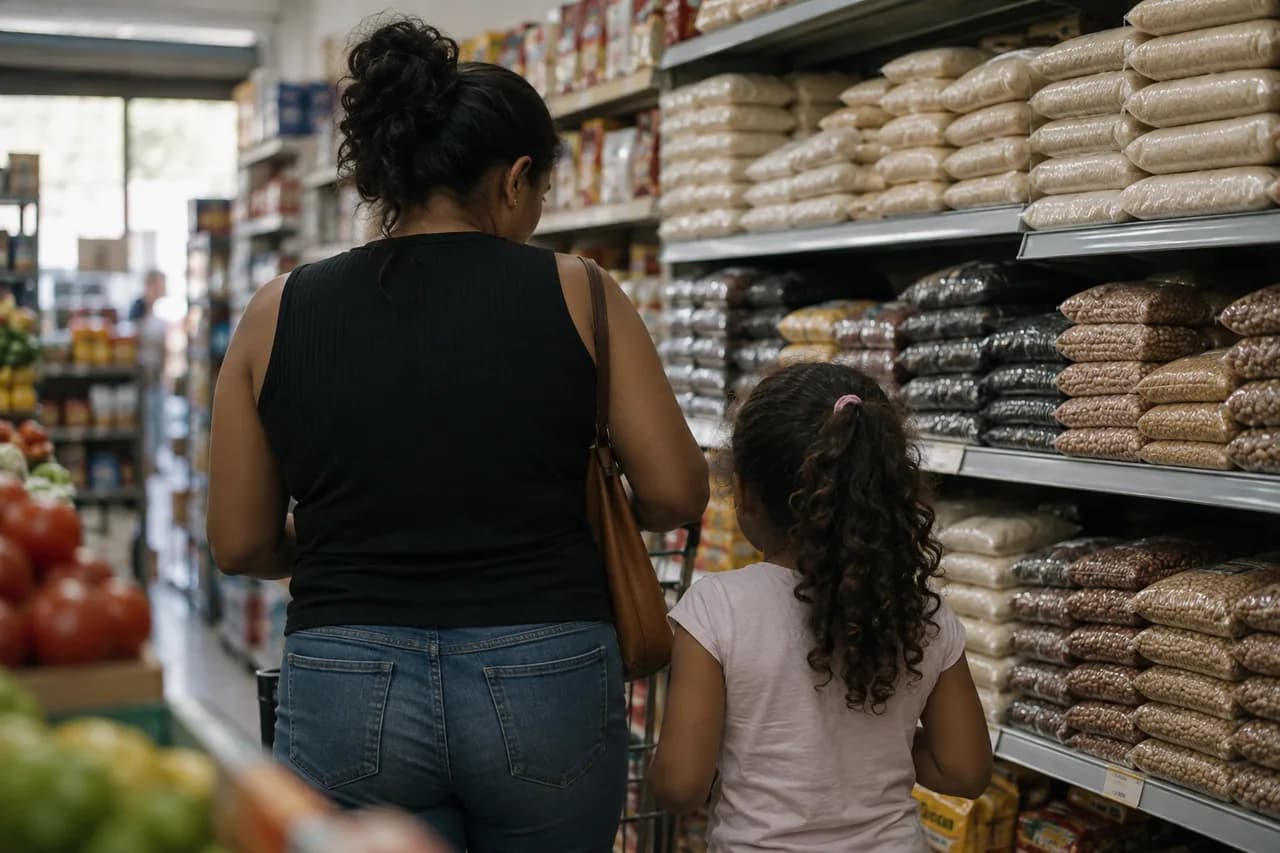 mercado de bairro, prateleira de arroz e feijão, uma criança ao lado da mãe, ambas de costas.