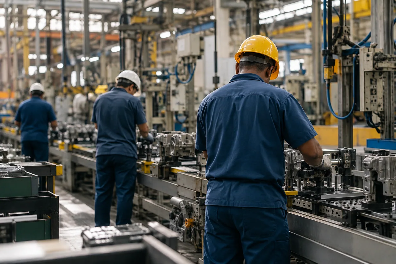 linha de produção de fábrica com operários de costas, capacetes e uniformes sem marcas.