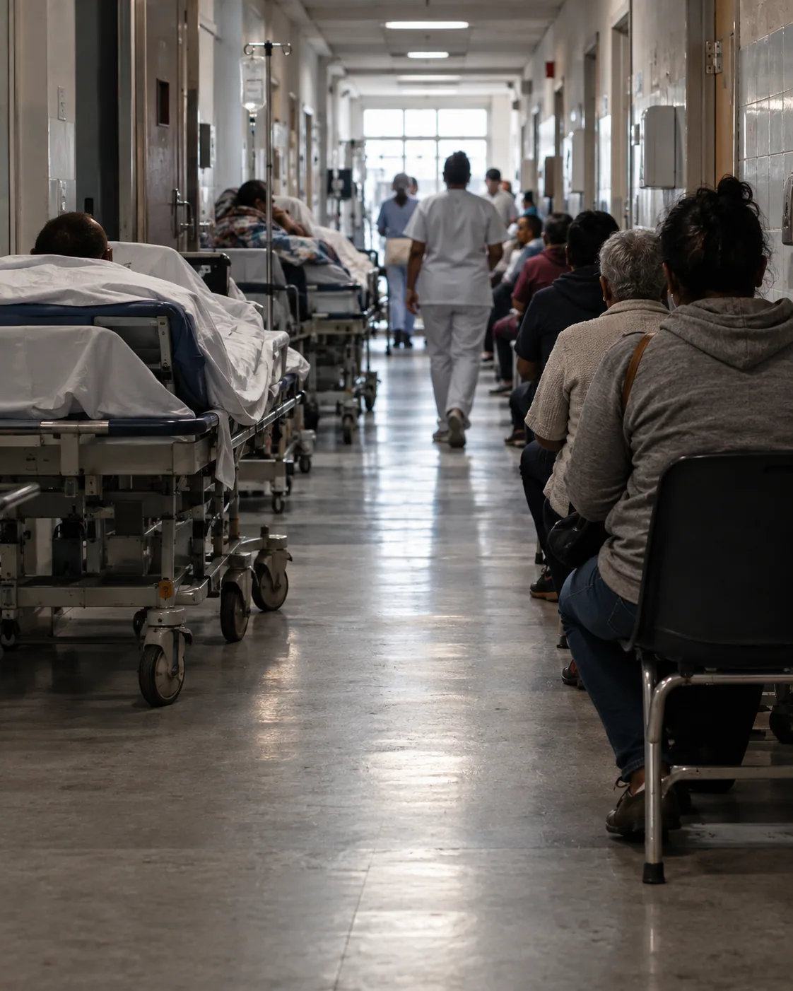 corredor de hospital público com macas e uma fila de pacientes sentados, fotografado de costas.