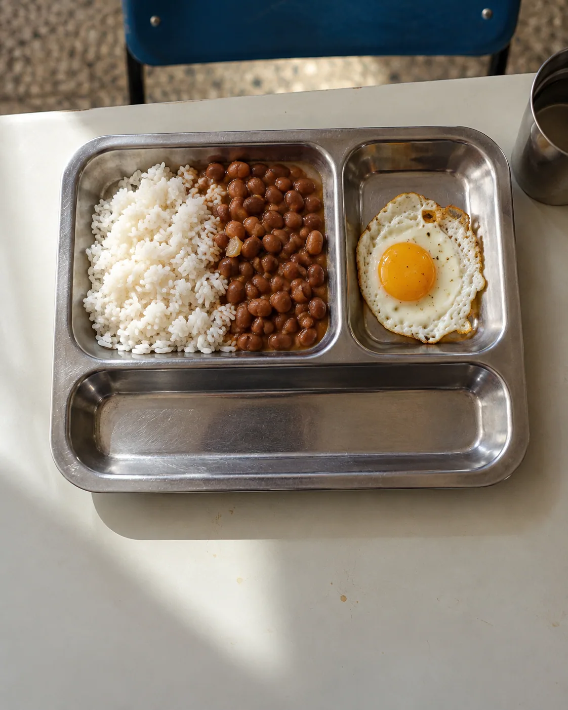bandeja de merenda escolar com arroz, feijão e um ovo, vista de cima, sobre mesa de refeitório.