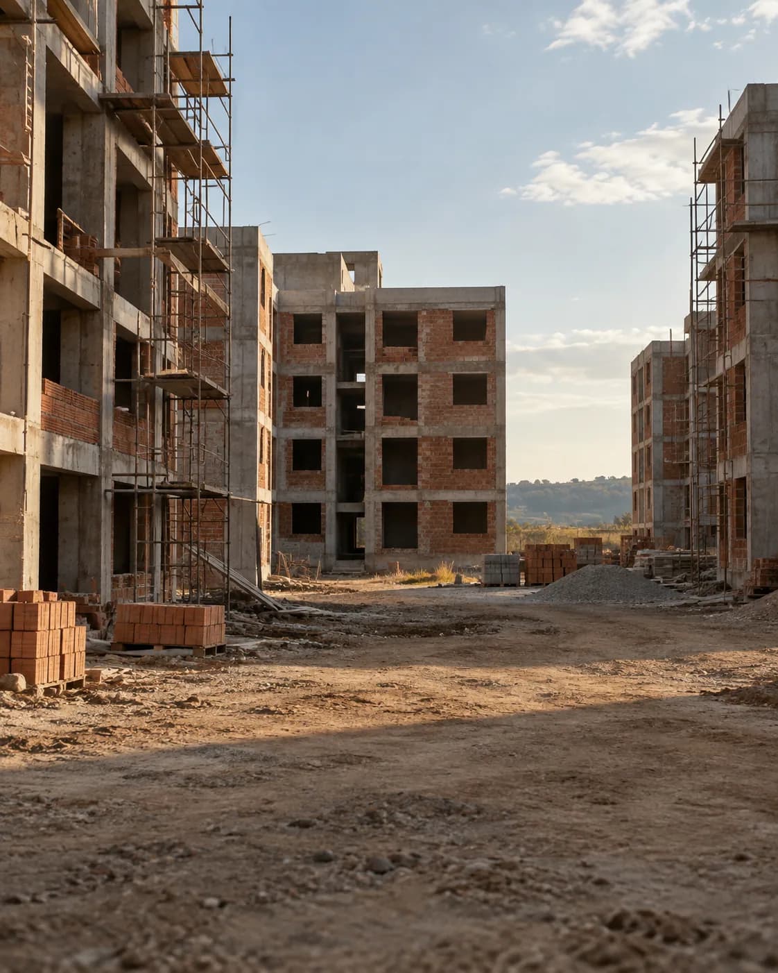 obra parada de conjunto habitacional popular, andaimes e tijolos aparentes, céu aberto.