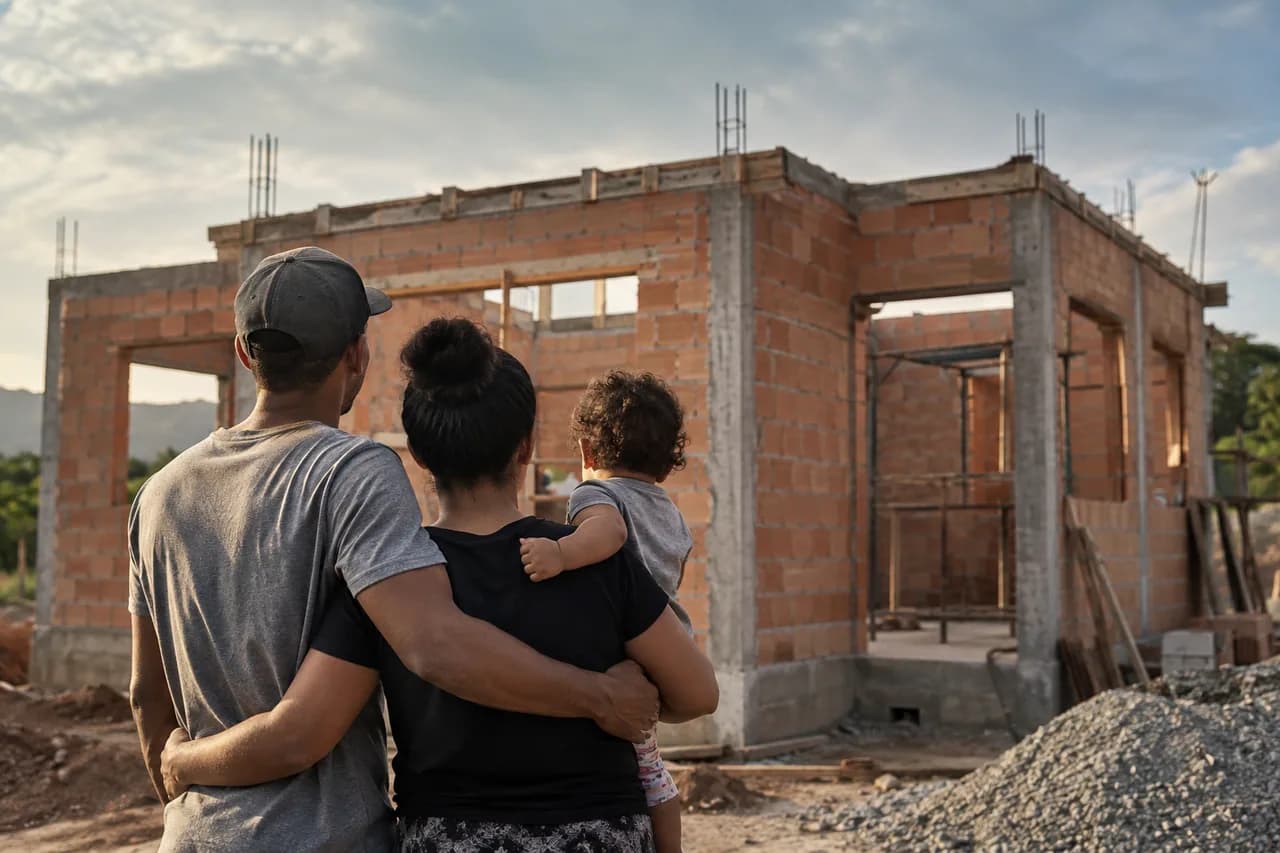 família de costas diante de uma casa simples em construção, criança no colo.