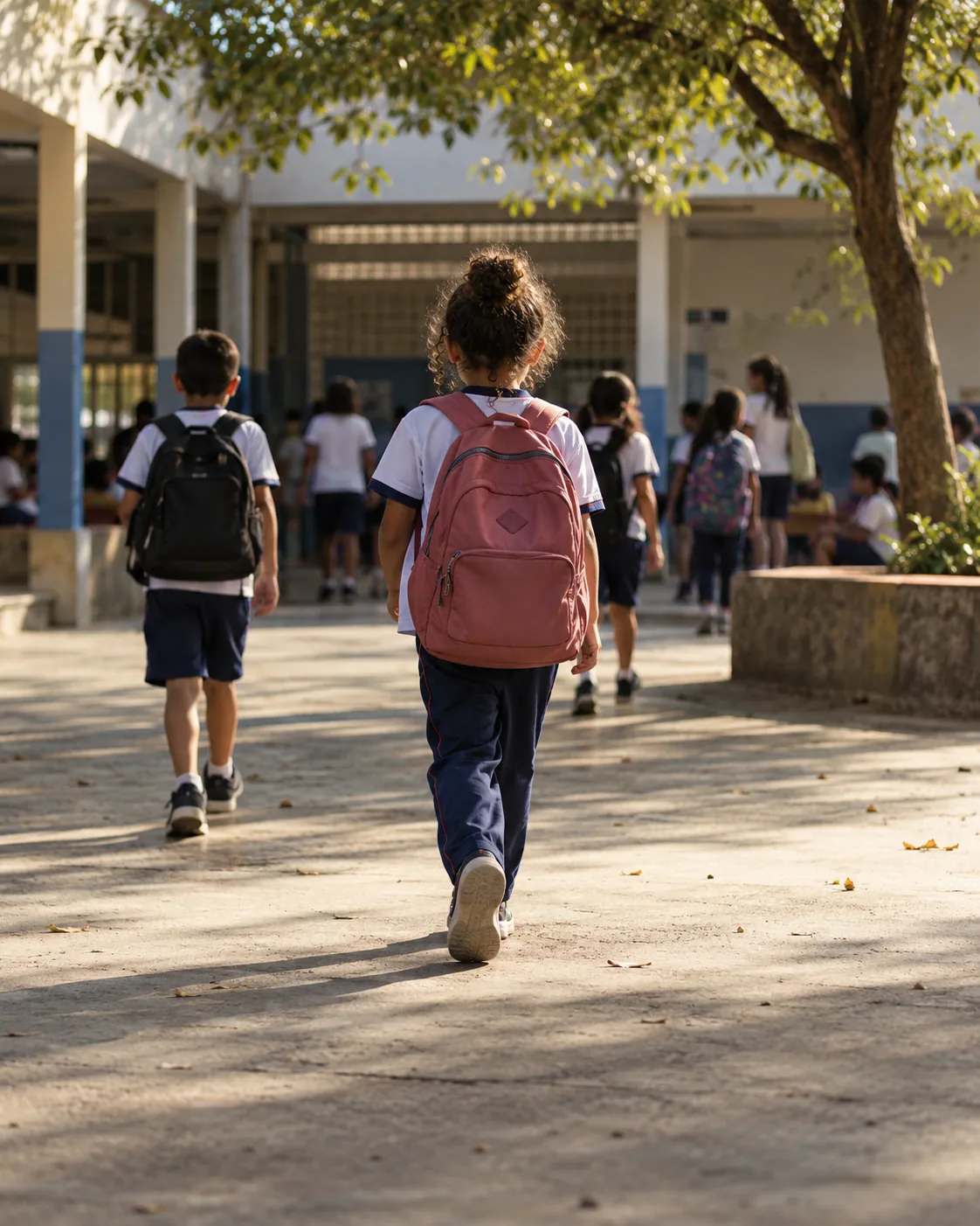 pátio de escola pública com crianças de uniforme, fotografadas de costas.