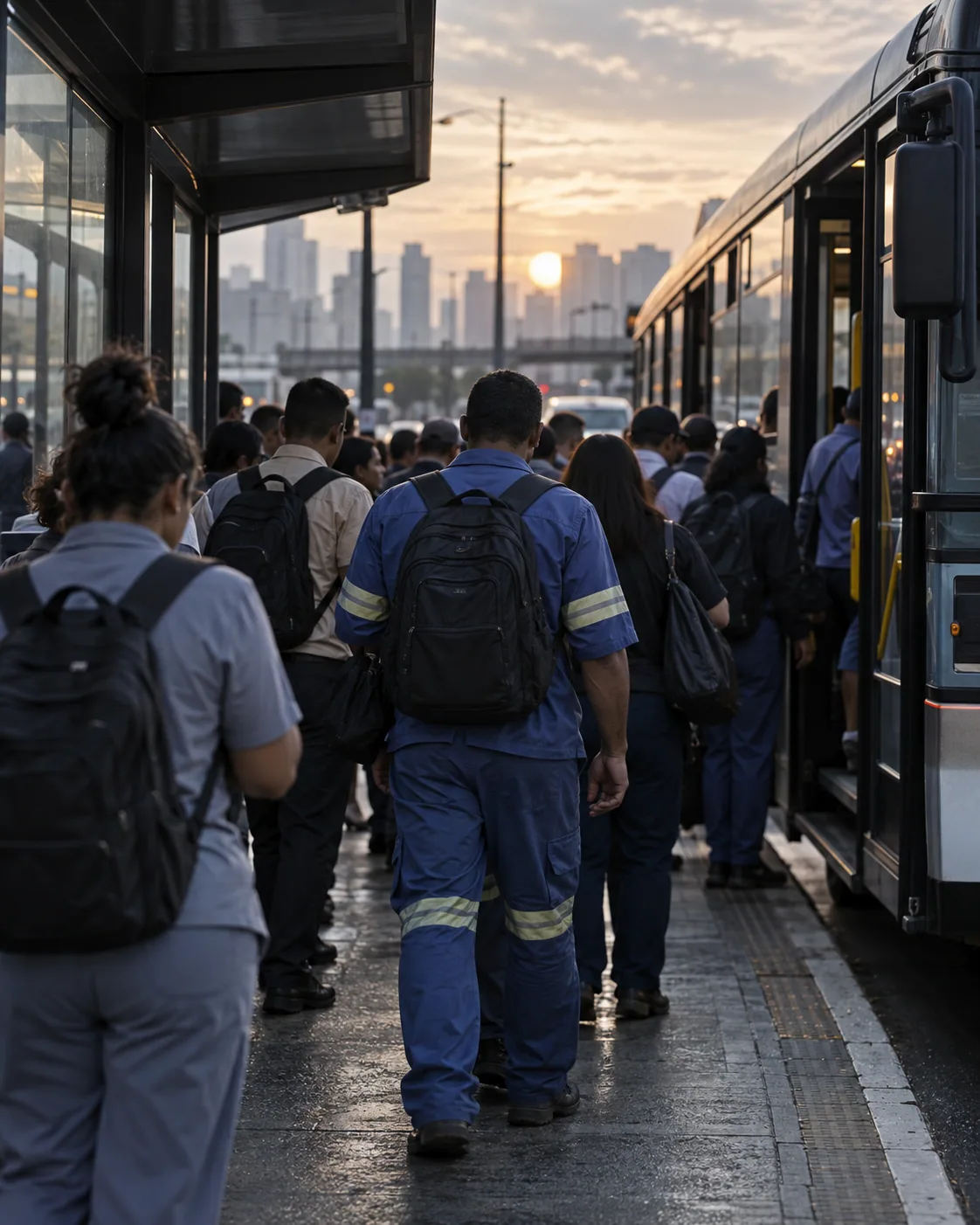 ponto de ônibus lotado ao amanhecer com trabalhadores de uniforme, luz fria, fotografados de costas.