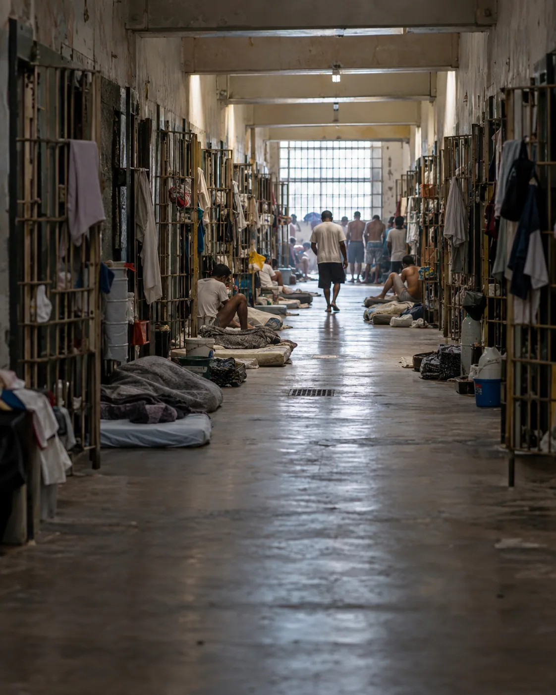 corredor de presídio brasileiro superlotado com celas abertas e colchões no chão, fotografado de longe, sem rostos identificáveis.