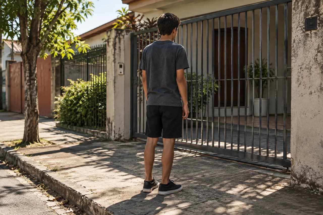 adolescente de costas diante de um portão de grade metálica, luz dura.