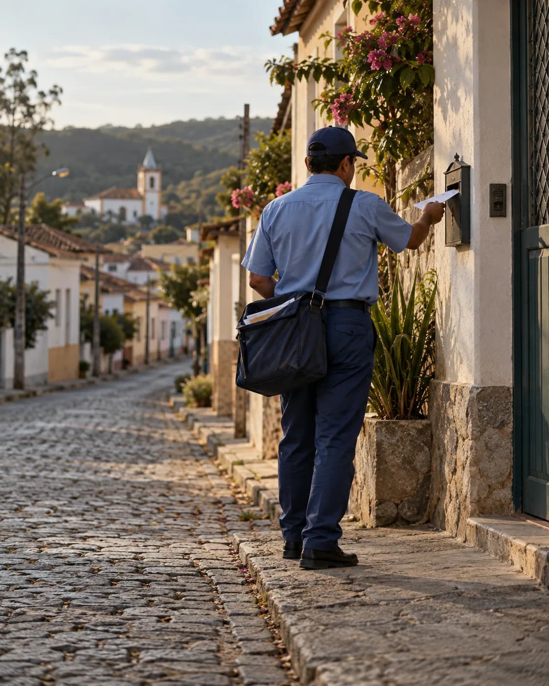carteiro uniformizado entregando uma carta em rua de cidade pequena do interior, de costas, sem marca visível.