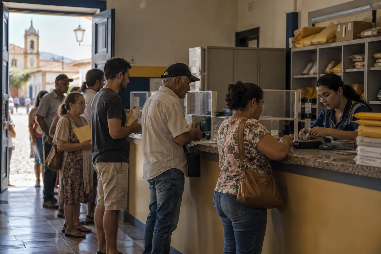 agência dos Correios em cidade pequena com uma fila de moradores no balcão.