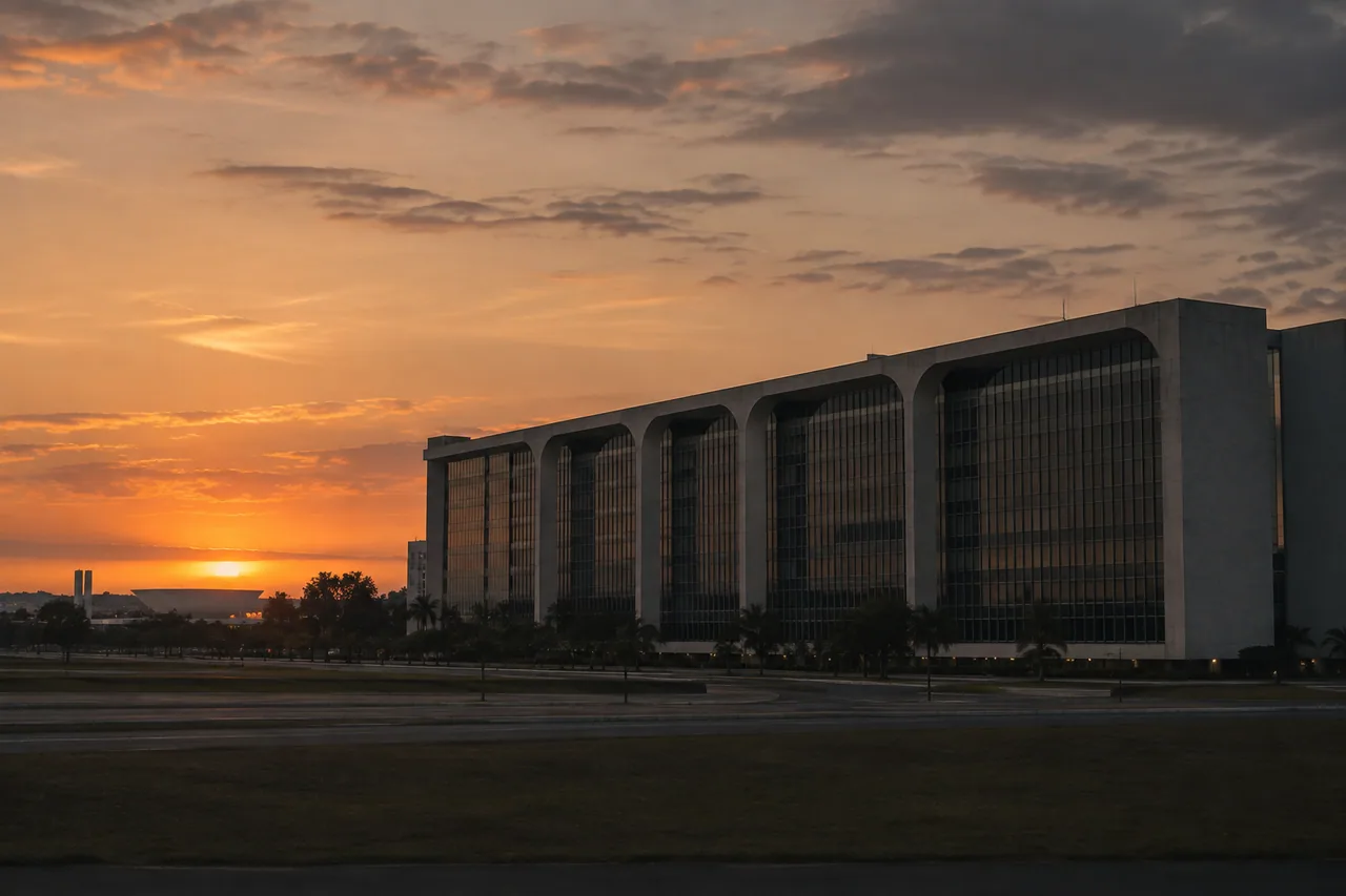edifício de ministério em Brasília ao entardecer, janelas apagadas, fotografado de longe.