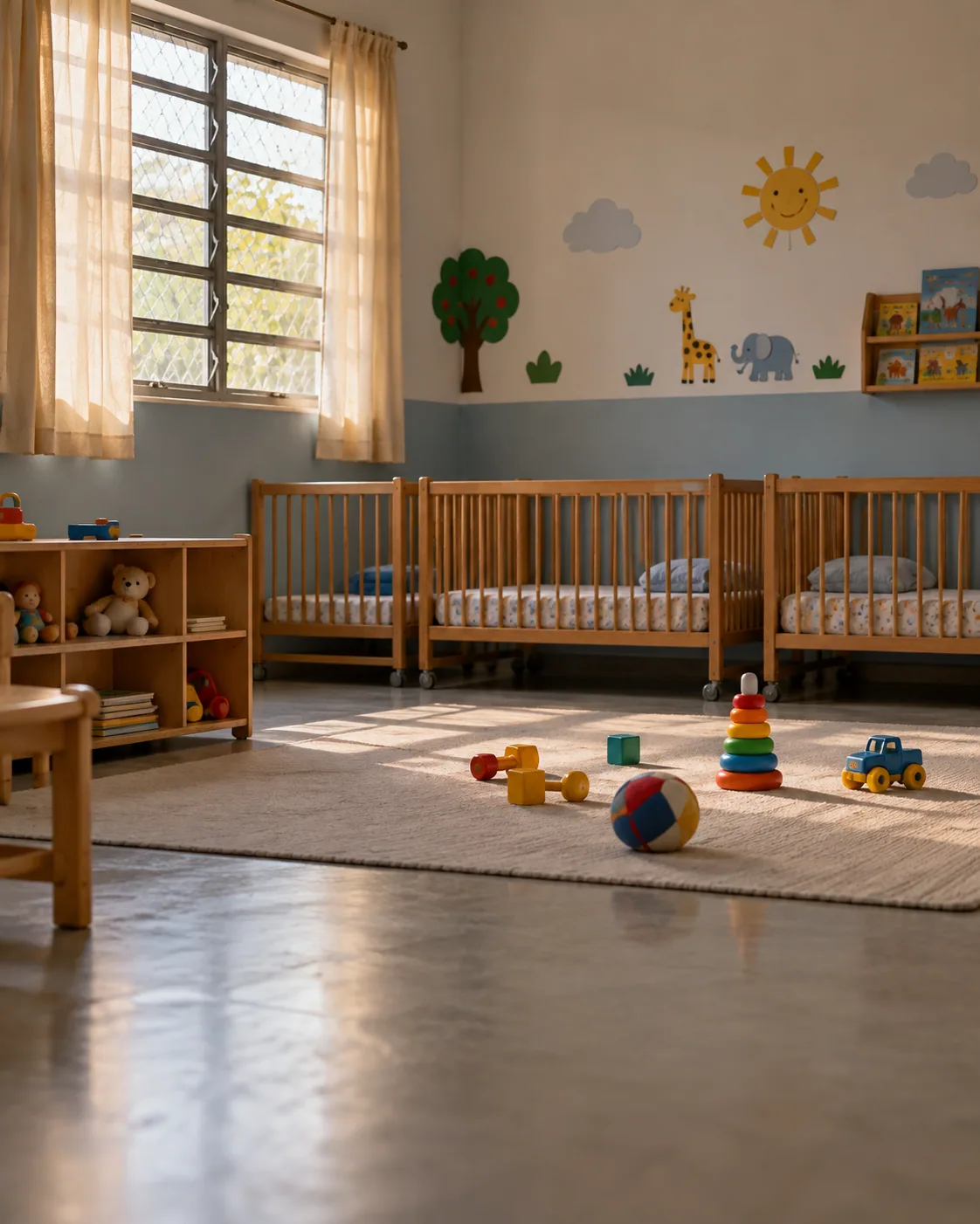 sala de creche pública com berços e brinquedos simples, vazia, luz natural.
