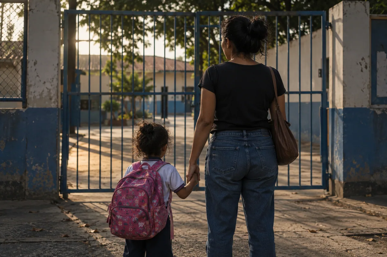 criança pequena de mãos dadas com a mãe diante de um portão de escola fechado, ambas de costas.