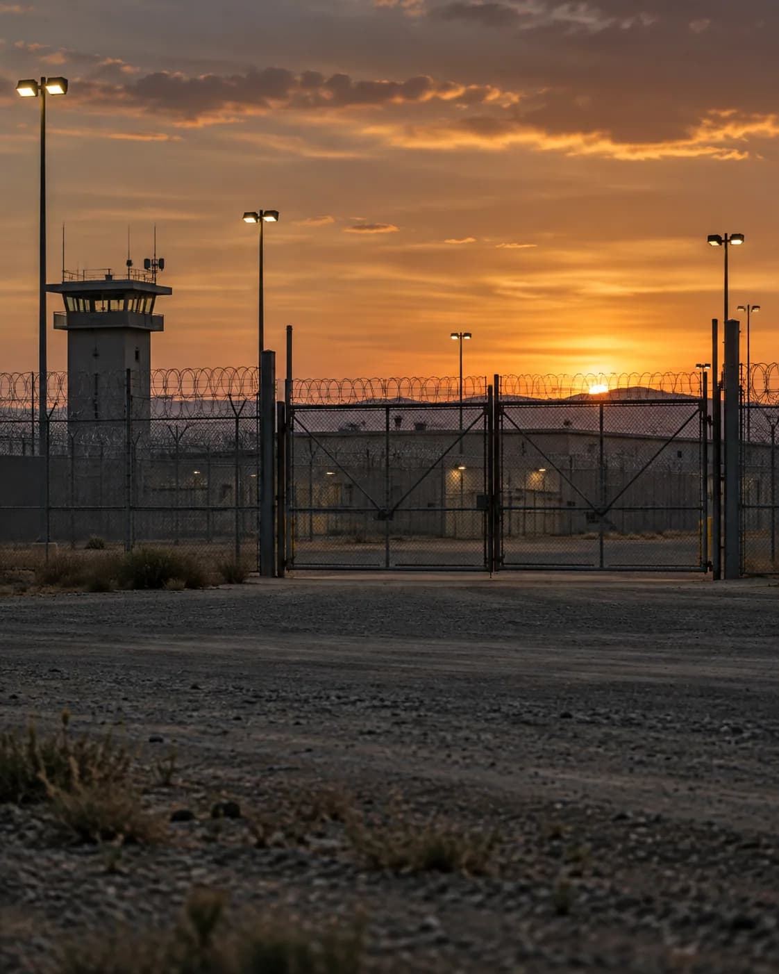 portão de grade de um centro de detenção de imigrantes nos EUA ao entardecer, cerca de arame, fotografado de longe, sem pessoas identificáveis.