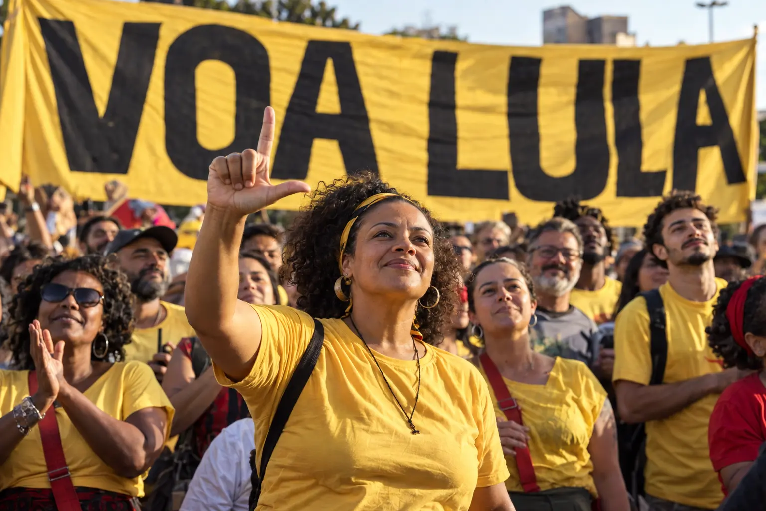 Mulher faz o L diante de uma multidão e de uma grande faixa Voa Lula