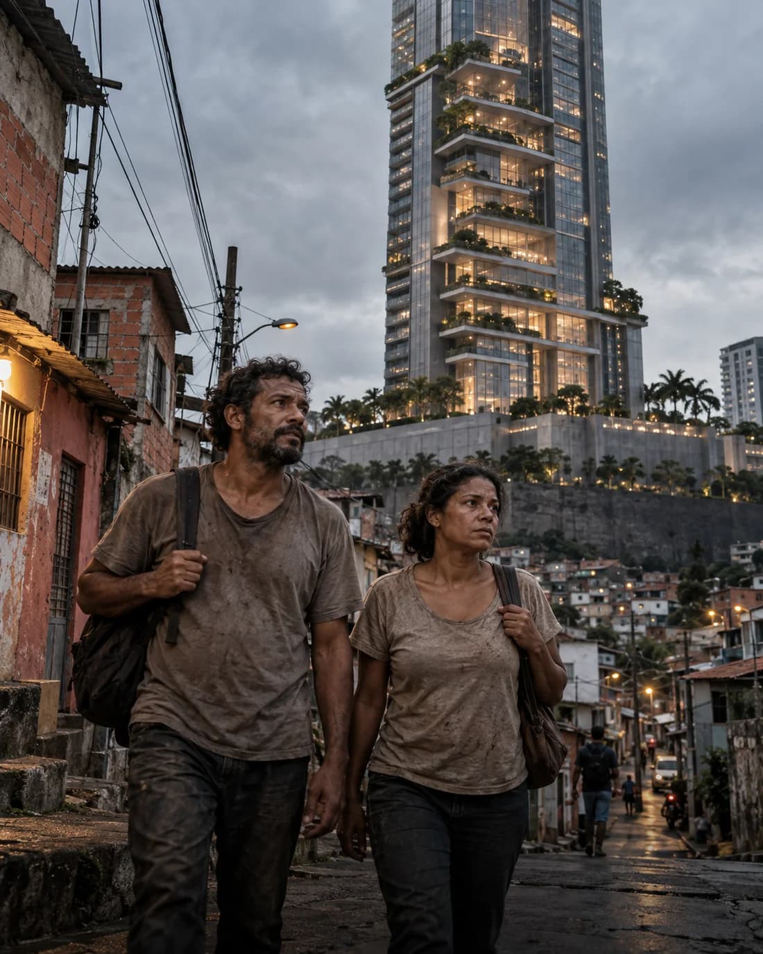 Cena conceitual de desigualdade: moradias precárias e trabalhadores diante de uma torre de luxo