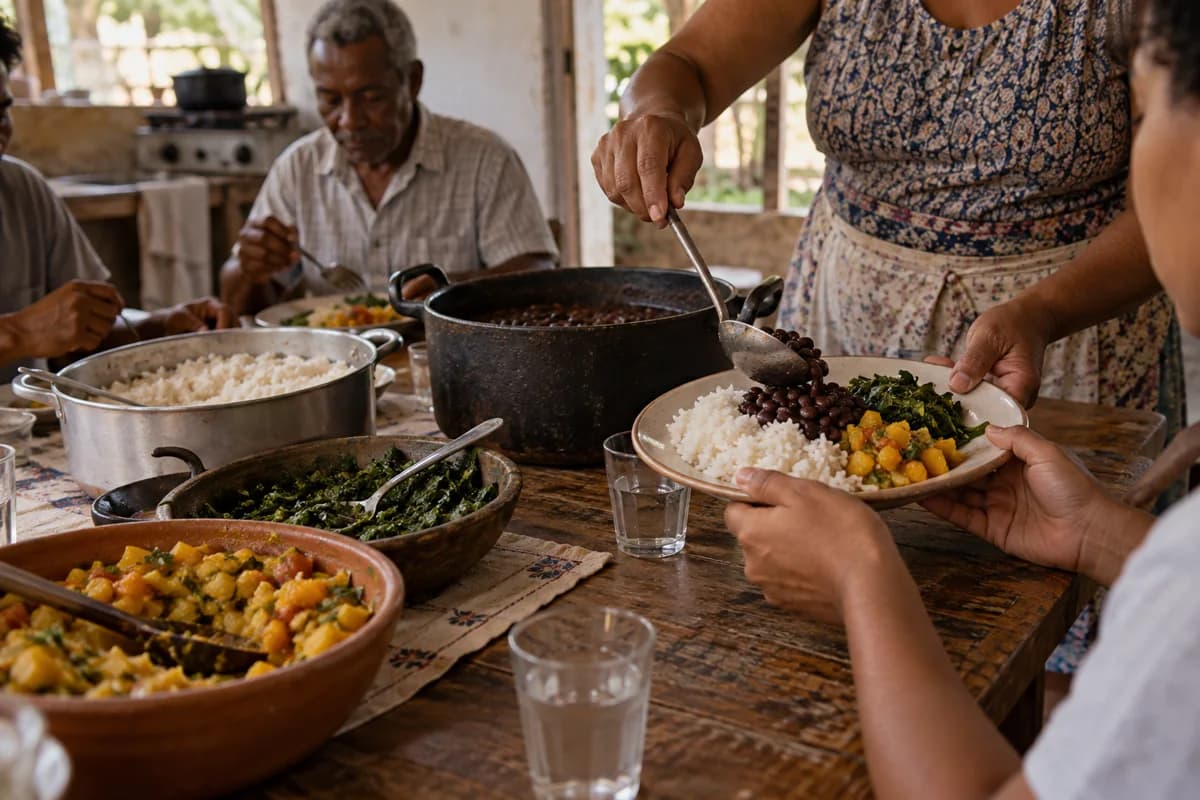Ilustração fotográfica de mãos servindo uma refeição de arroz, feijão e legumes