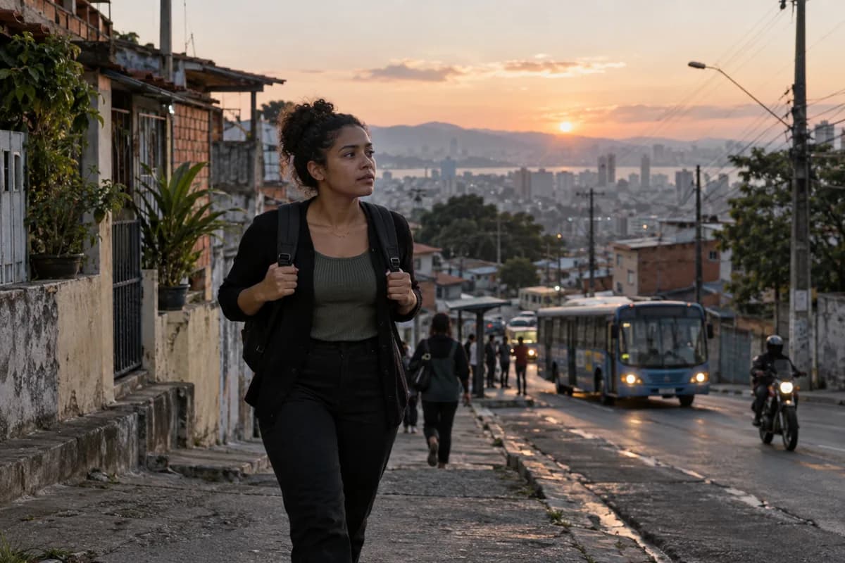 Ilustração fotográfica de uma jovem brasileira indo trabalhar com uma mochila