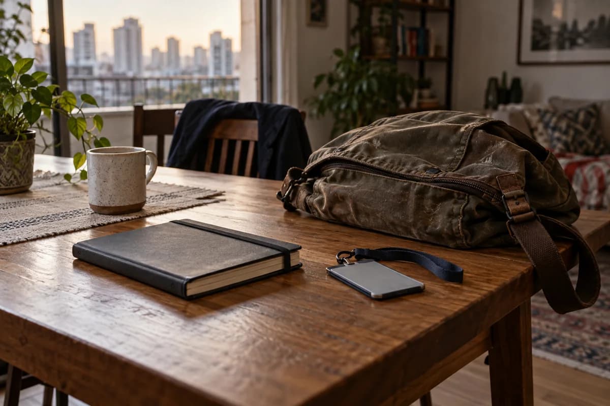 Ilustração fotográfica de material de estudo e uma bolsa de trabalho sobre uma mesa
