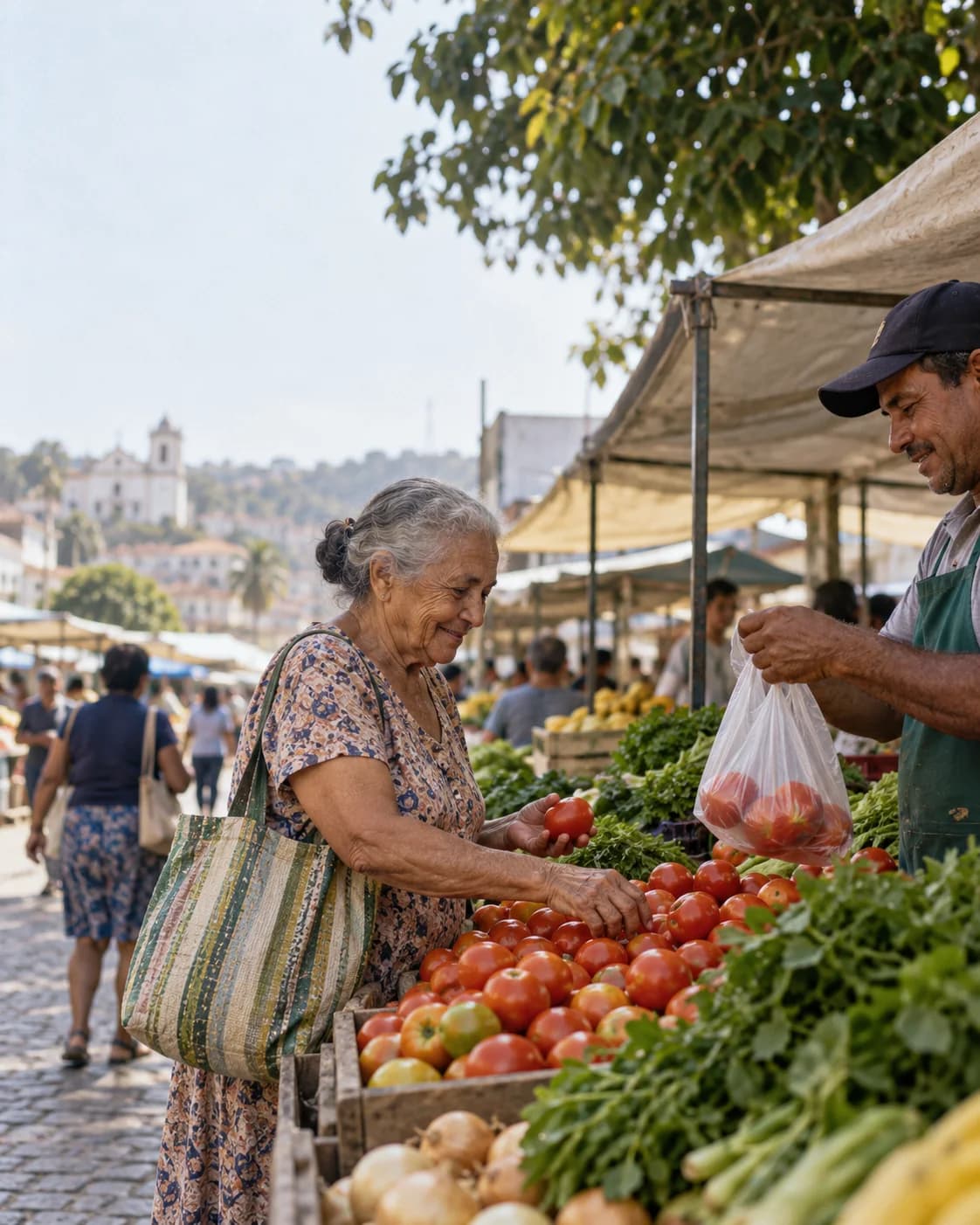 Ilustração fotográfica de um aposentado escolhendo tomates numa feira