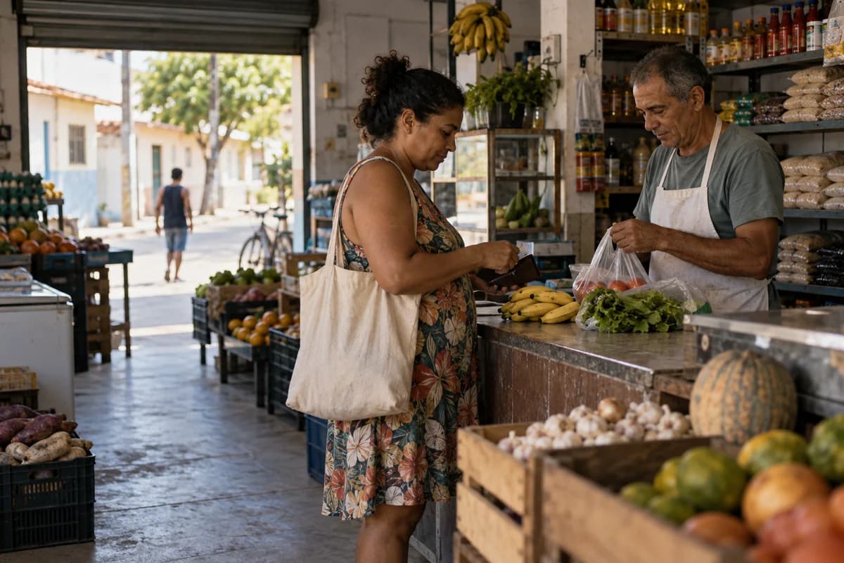 Ilustração fotográfica de uma mulher comprando alimentos numa mercearia