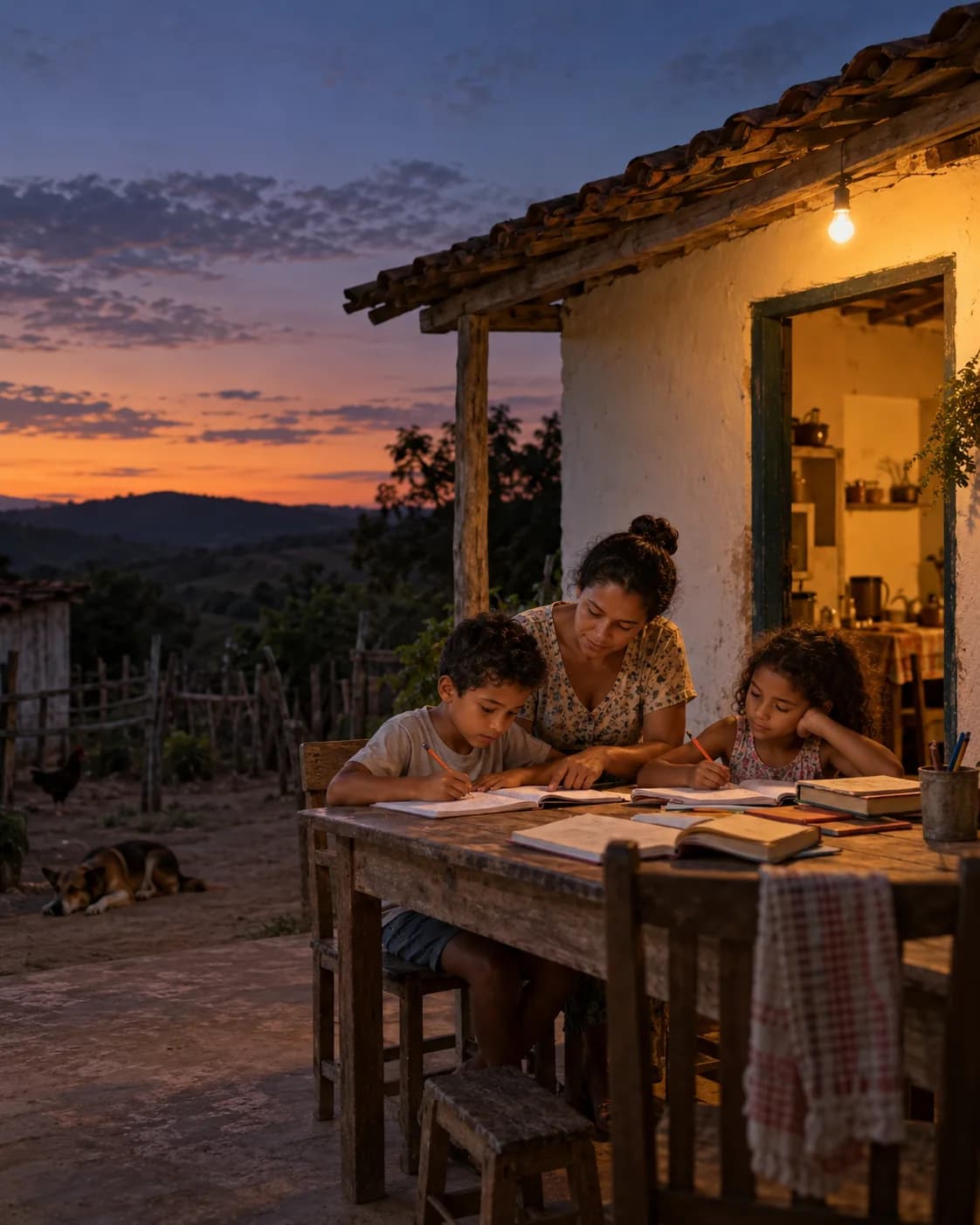 Ilustração fotográfica de uma casa rural ao anoitecer com uma lâmpada acesa