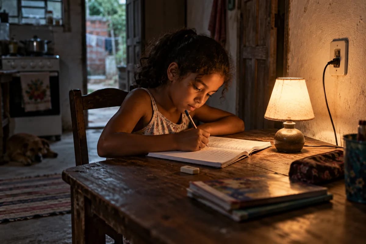 Ilustração fotográfica de uma luminária iluminando o caderno de uma criança