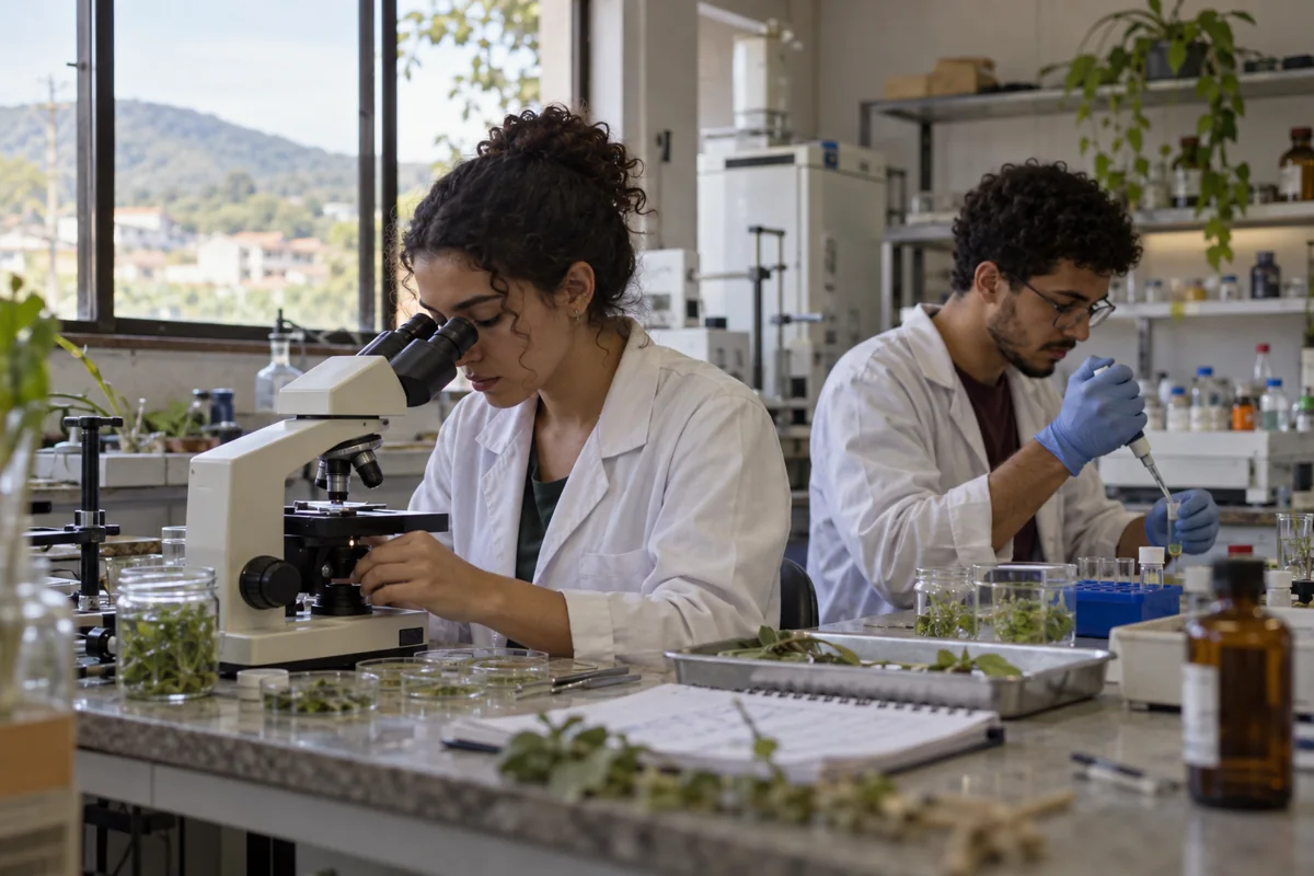 Ilustração fotográfica de estudantes trabalhando num laboratório universitário