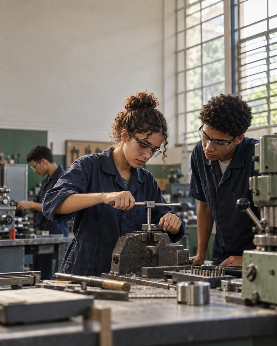 Ilustração fotográfica de jovens num laboratório de uma escola técnica