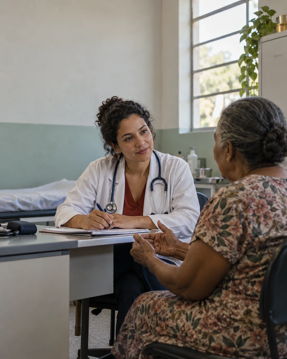 Ilustração fotográfica de uma médica escutando um paciente idoso numa unidade de saúde