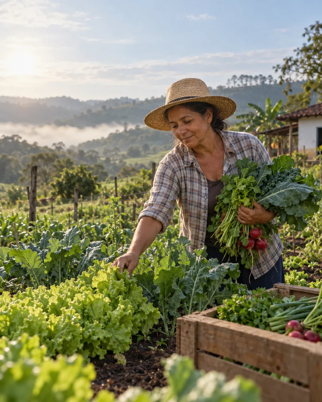 Ilustração fotográfica de uma agricultora colhendo verduras