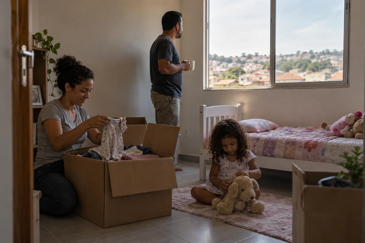 Ilustração fotográfica de caixas de mudança e um quarto numa casa simples