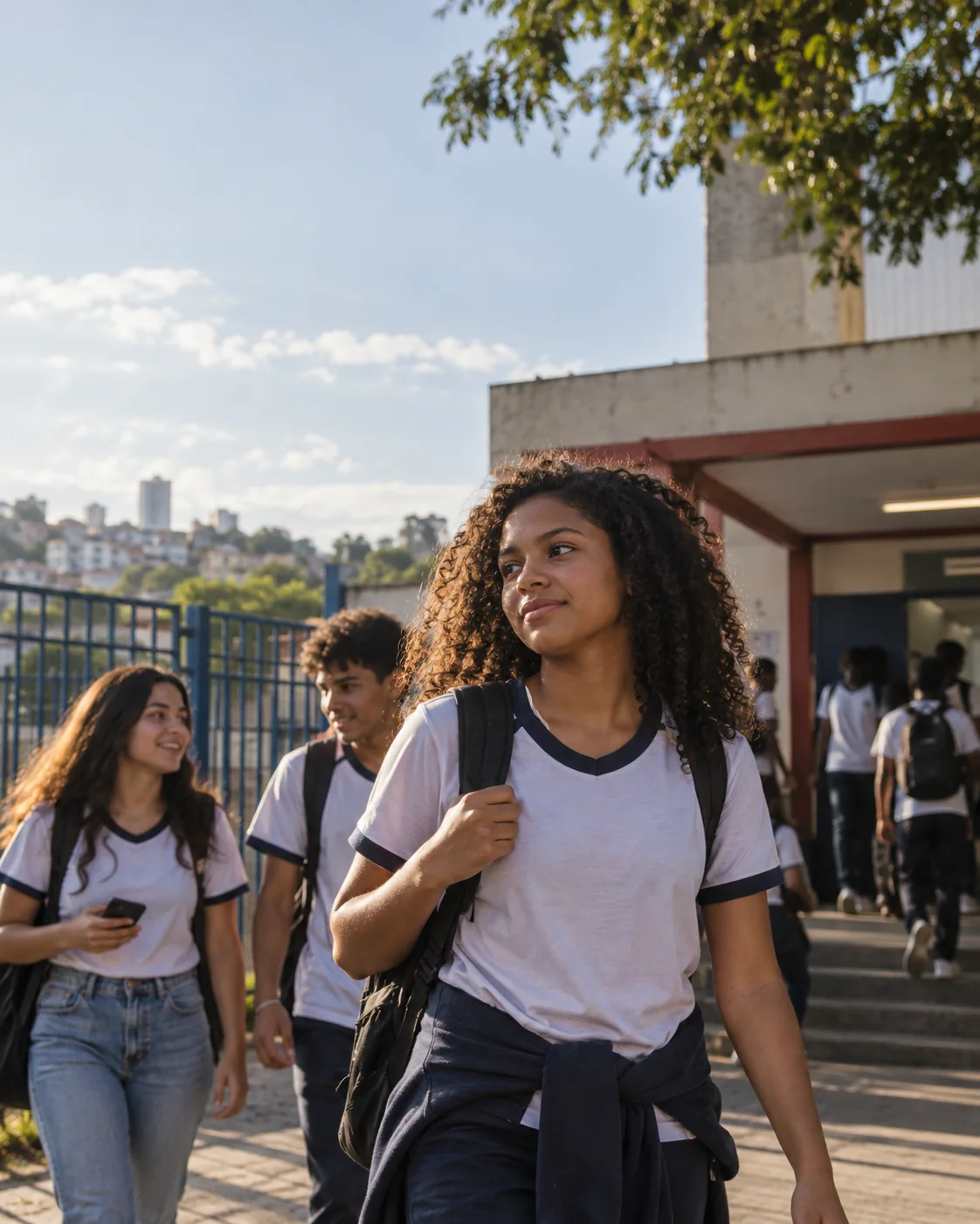 Ilustração fotográfica de um adolescente saindo de uma escola pública