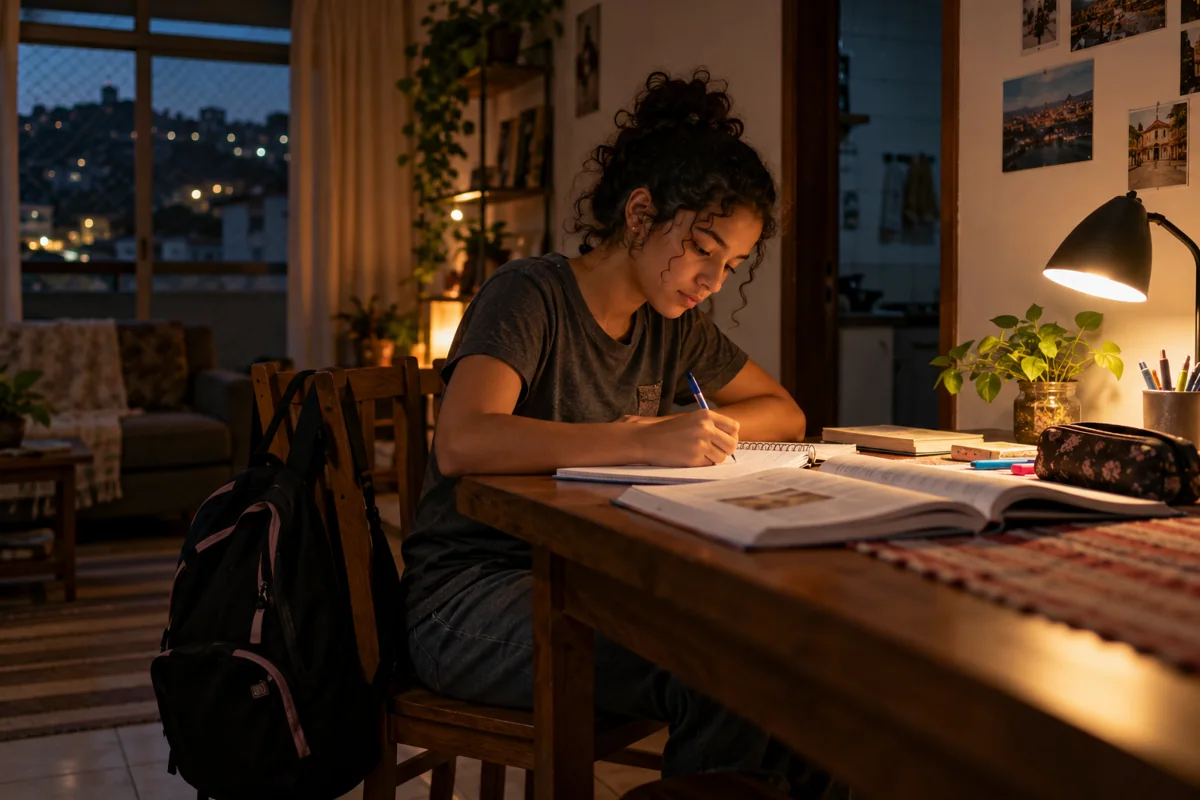Ilustração fotográfica de um jovem estudando à noite numa mesa em casa