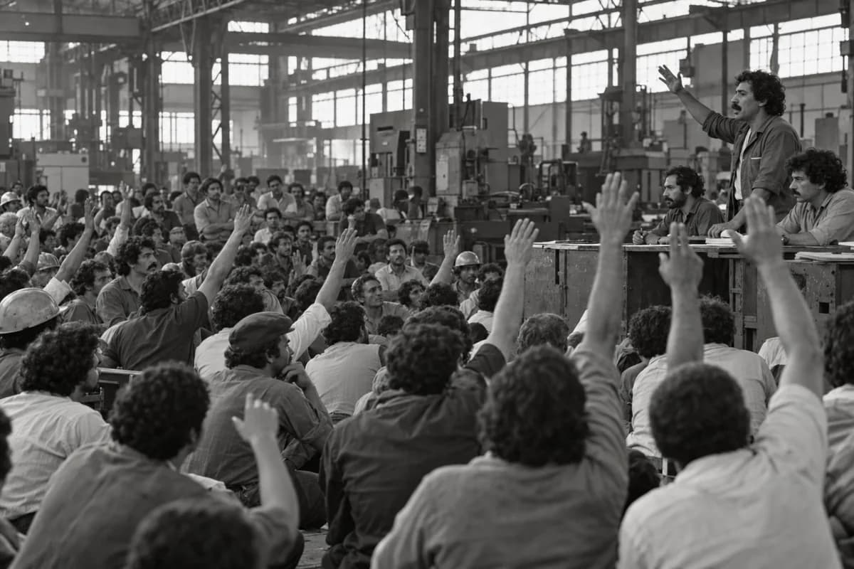 Reconstrução fotográfica por IA de uma assembleia de trabalhadores no final dos anos 1970