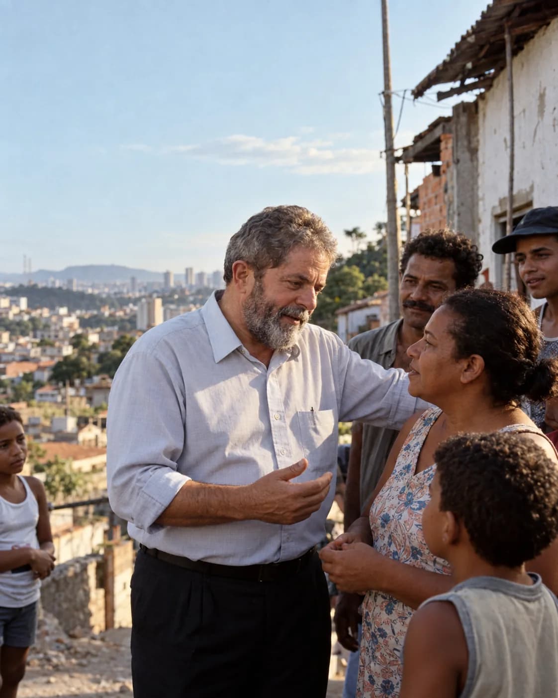 Reconstrução fotográfica por IA de Lula numa comunidade no começo dos anos 2000
