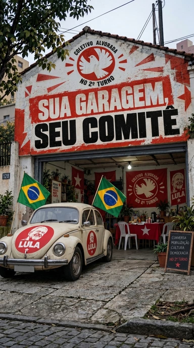 Ilustração gerada por IA de garagem com Fusca e a frase Sua garagem, seu comitê
