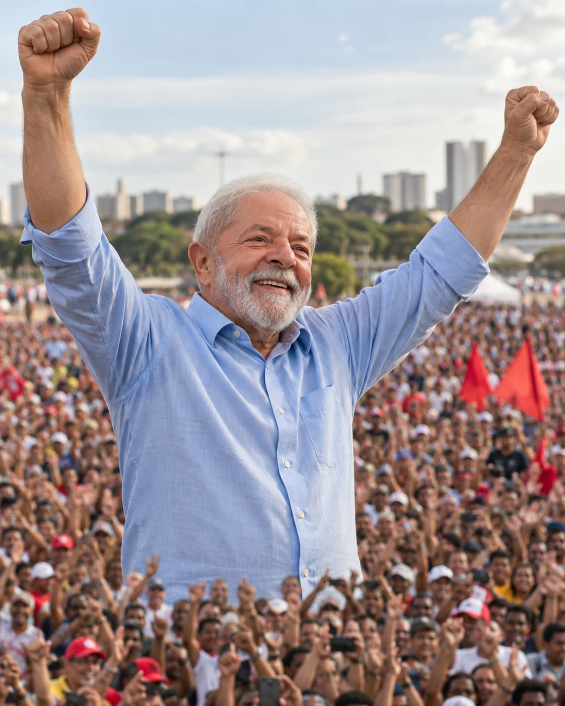 Ilustração gerada por IA de Lula com os braços erguidos diante de uma multidão